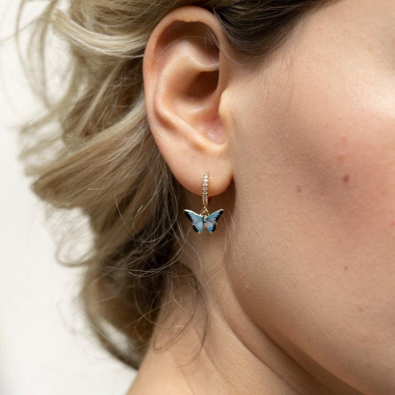14K Enamel Blue Butterfly Huggies