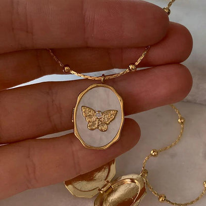 14K Butterfly Shell Album Locket Necklace