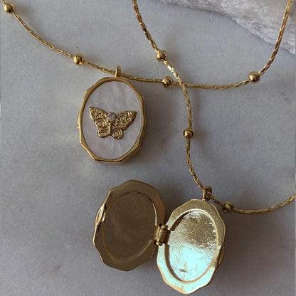 14K Butterfly Shell Album Locket Necklace