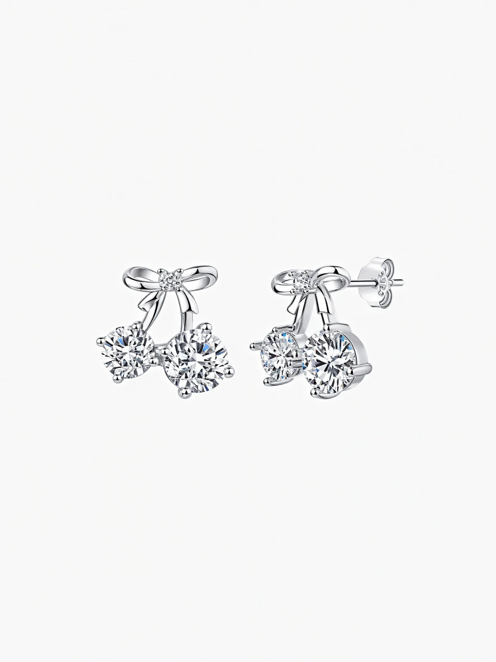 Chérry bow and round moissanite cherry stud earrings in S925 sterling silver, alternate view 4