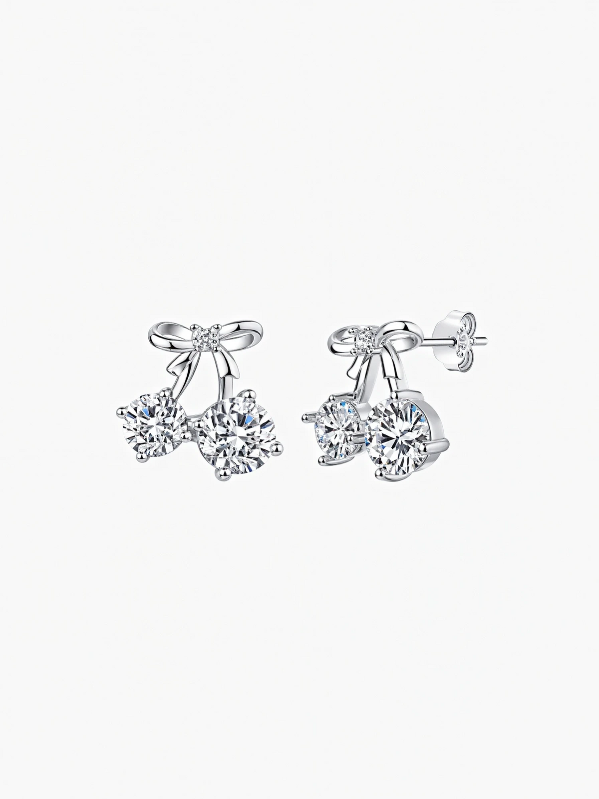 Chérry bow and round moissanite cherry stud earrings in S925 sterling silver, alternate view 4
