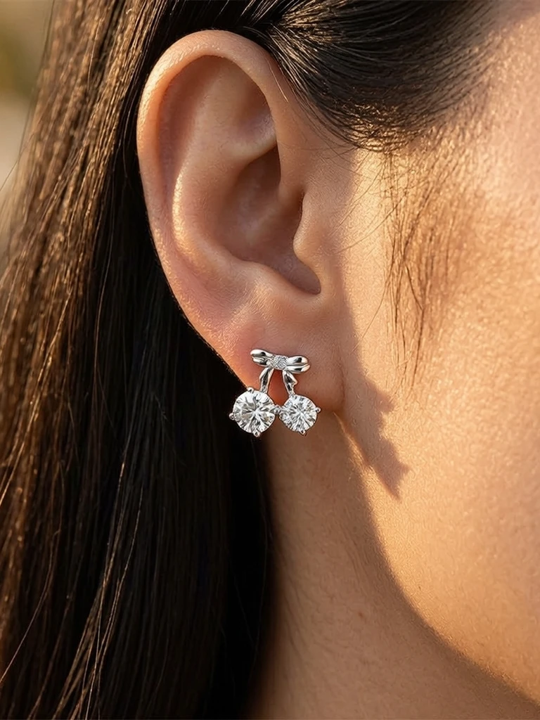 Chérry bow and round moissanite cherry stud earrings in S925 sterling silver, alternate view 2
