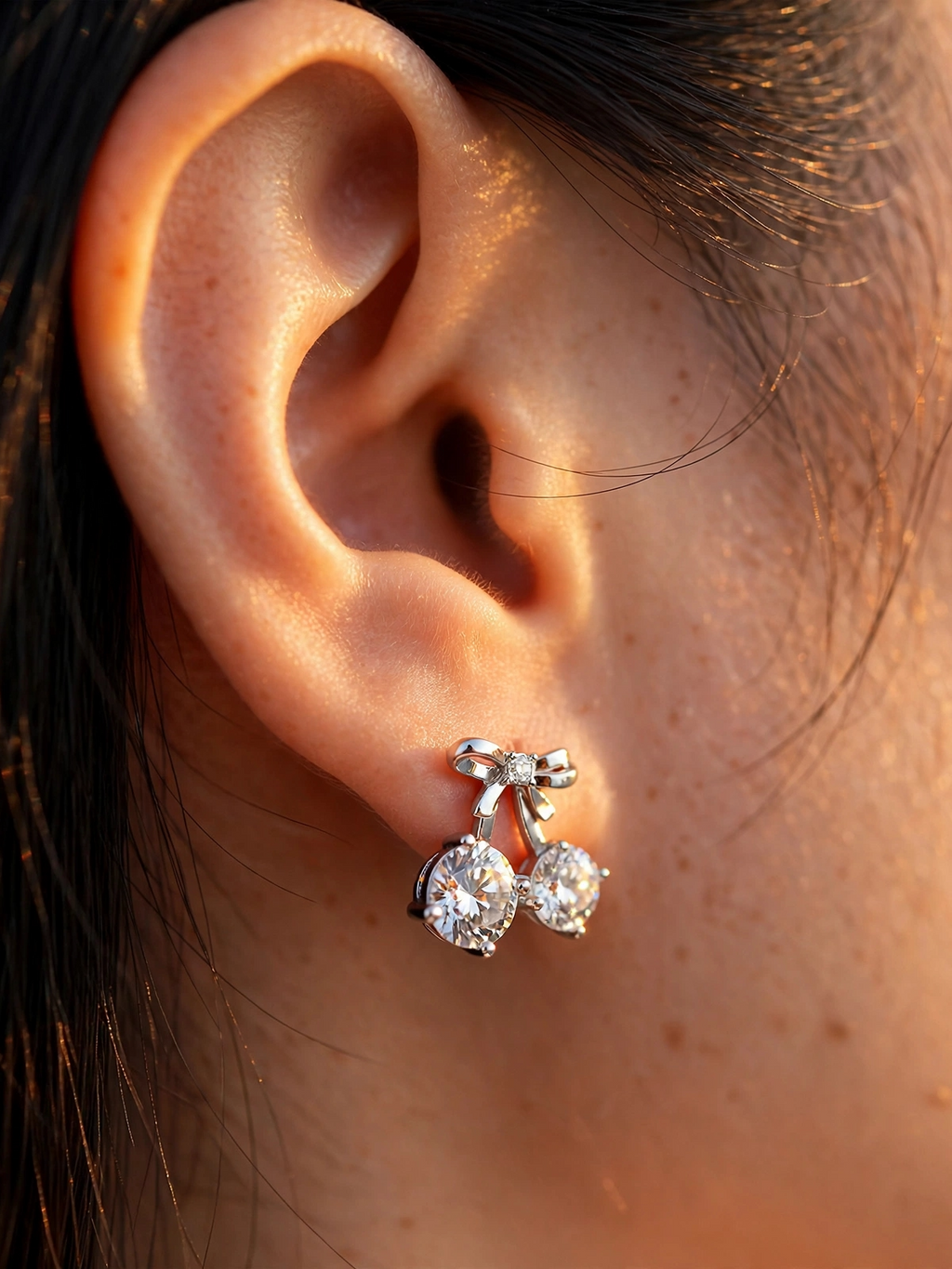 Chérry bow and round moissanite cherry stud earrings in S925 sterling silver, alternate view 3
