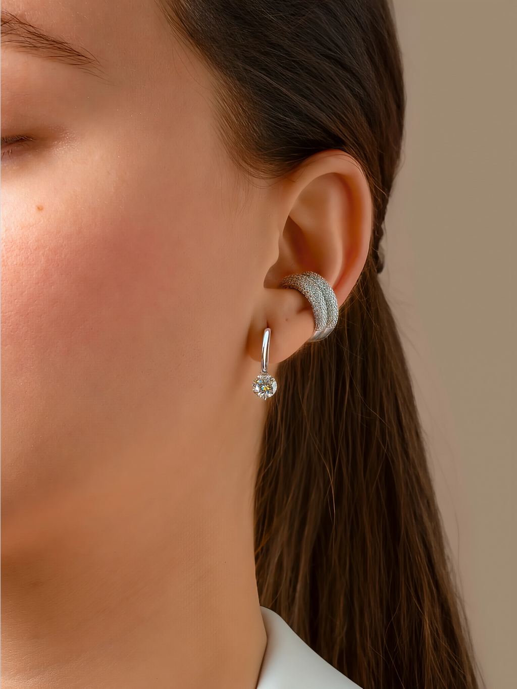 Nia round cut moissanite drop huggie earrings in S925 sterling silver, alternate view 3