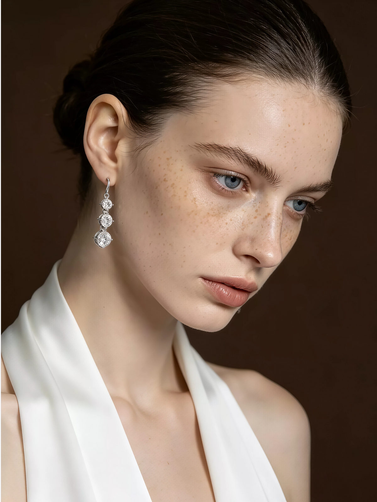 Coralie three stone moissanite drop earrings in S925 sterling silver, alternate view 2