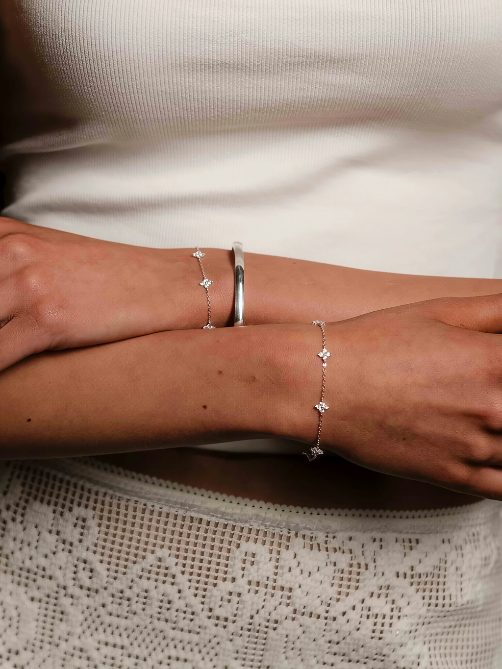 Miss Fortune mini four stone clover moissanite station bracelet in S925 sterling silver, alternate view 6